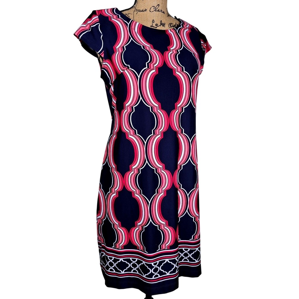 R&K Originals Womens Pink White Navy Geometric Sleeveless Dress PM Petite Med
